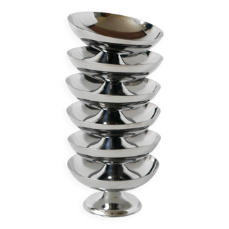 Set of 6 vintage stainless steel ice cream cups, triangular feet, Design, 1970, 9 x 4.5 cm