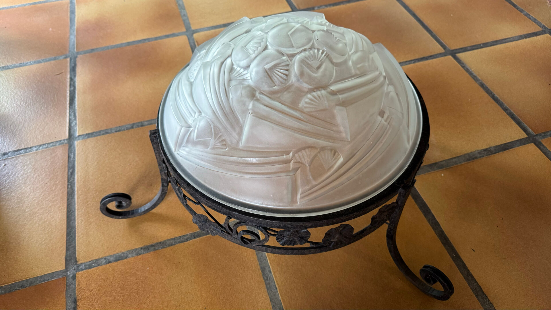 Art Deco ceiling light with wrought iron support