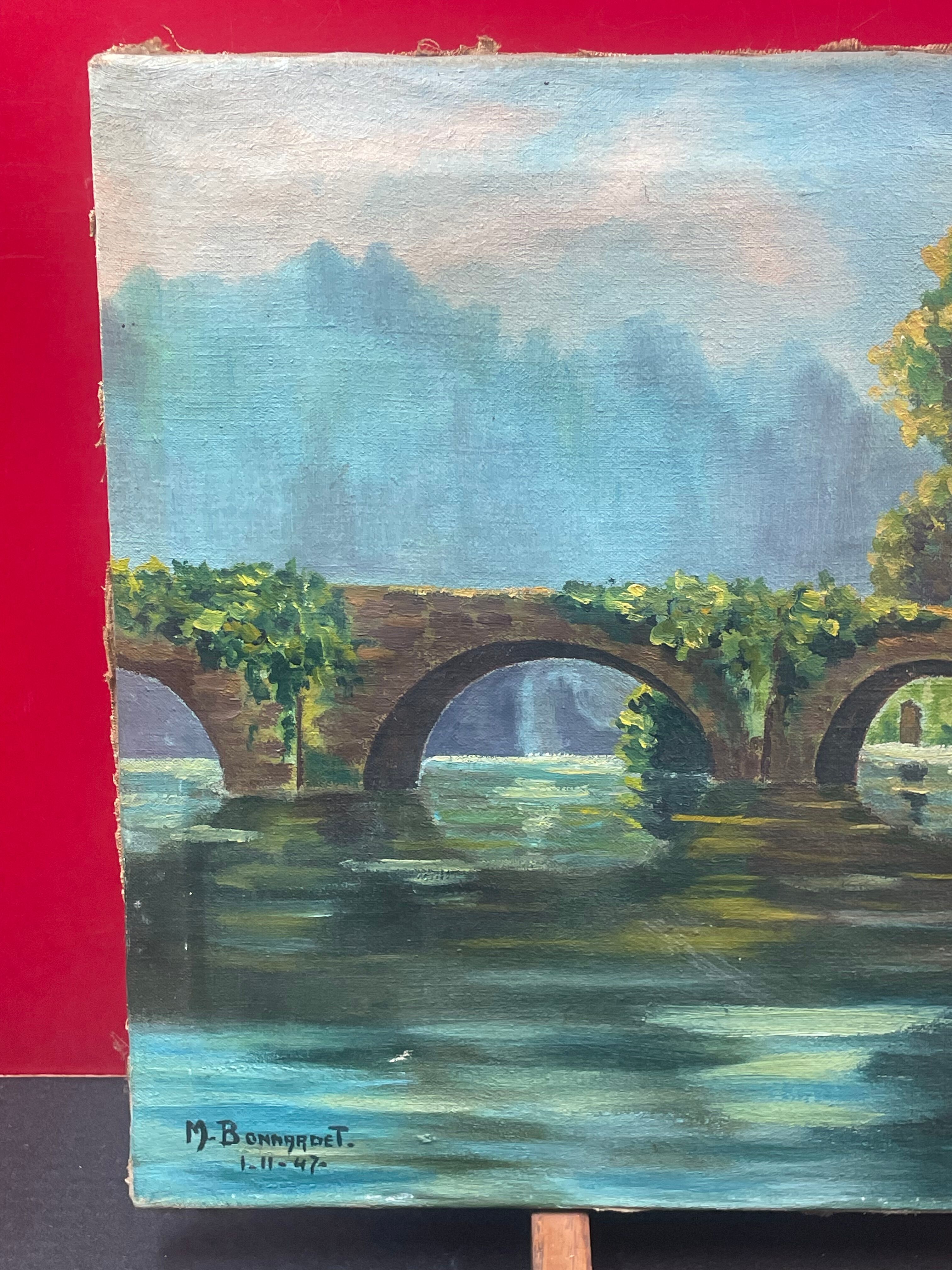 Oil on canvas, Mill on river Brittany - signed M Bonnardet 1947