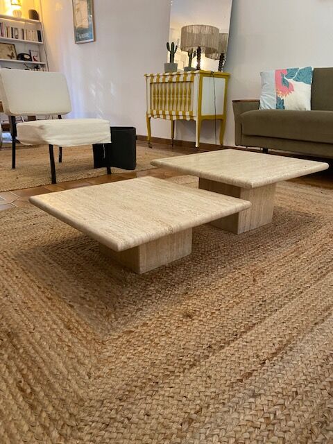 2 log-out travertine coffee tables