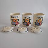 Lot of 3 format spice pots with floral pattern in ceramic Terre de Fer