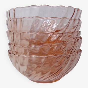 5 vintage Rosaline twisted pink glass bowls