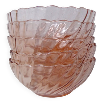 5 vintage Rosaline twisted pink glass bowls