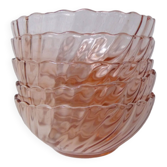 5 coupelles bols en verre rose torsadé Rosaline vintage
