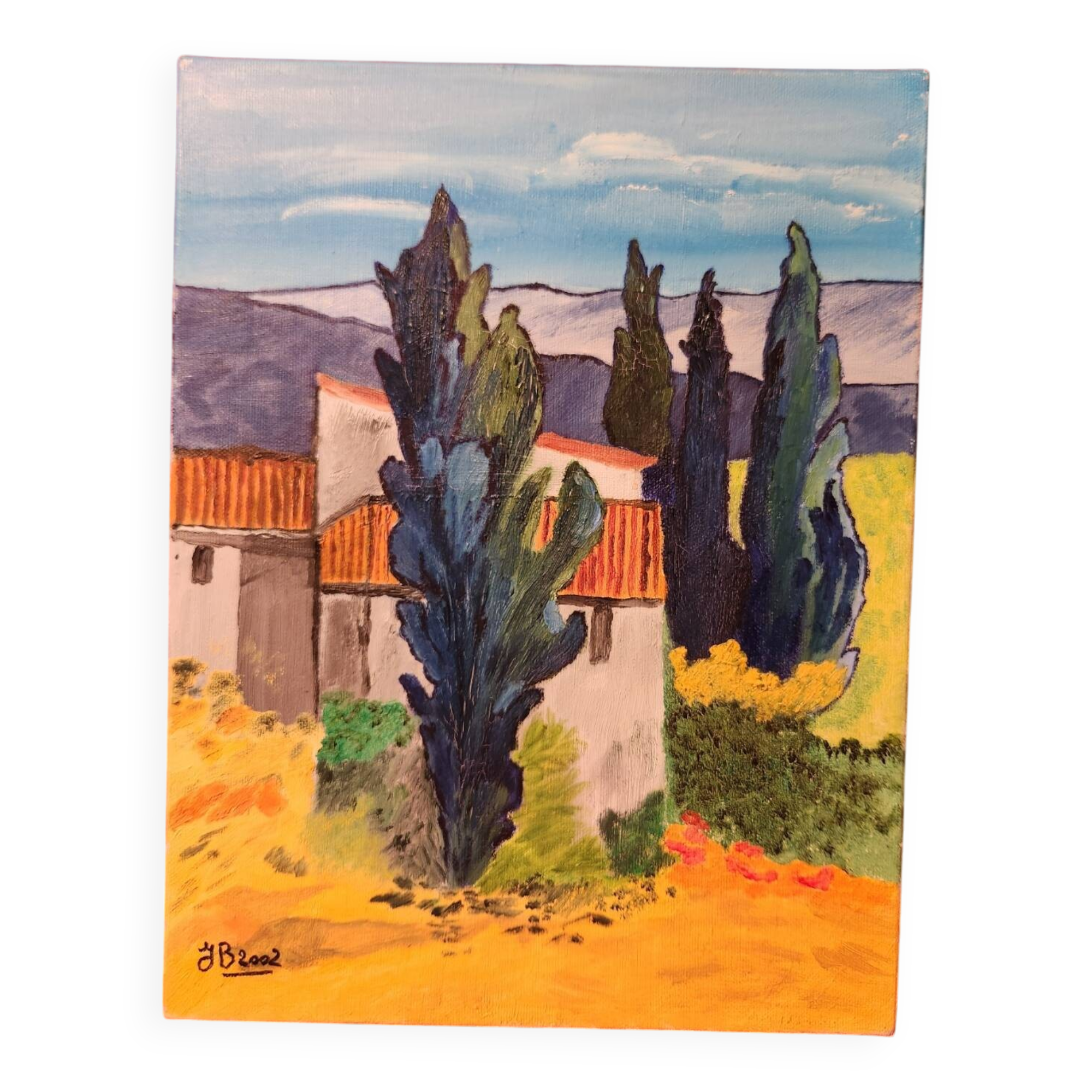 Naive painting Provençal landscape oil on canvas signed