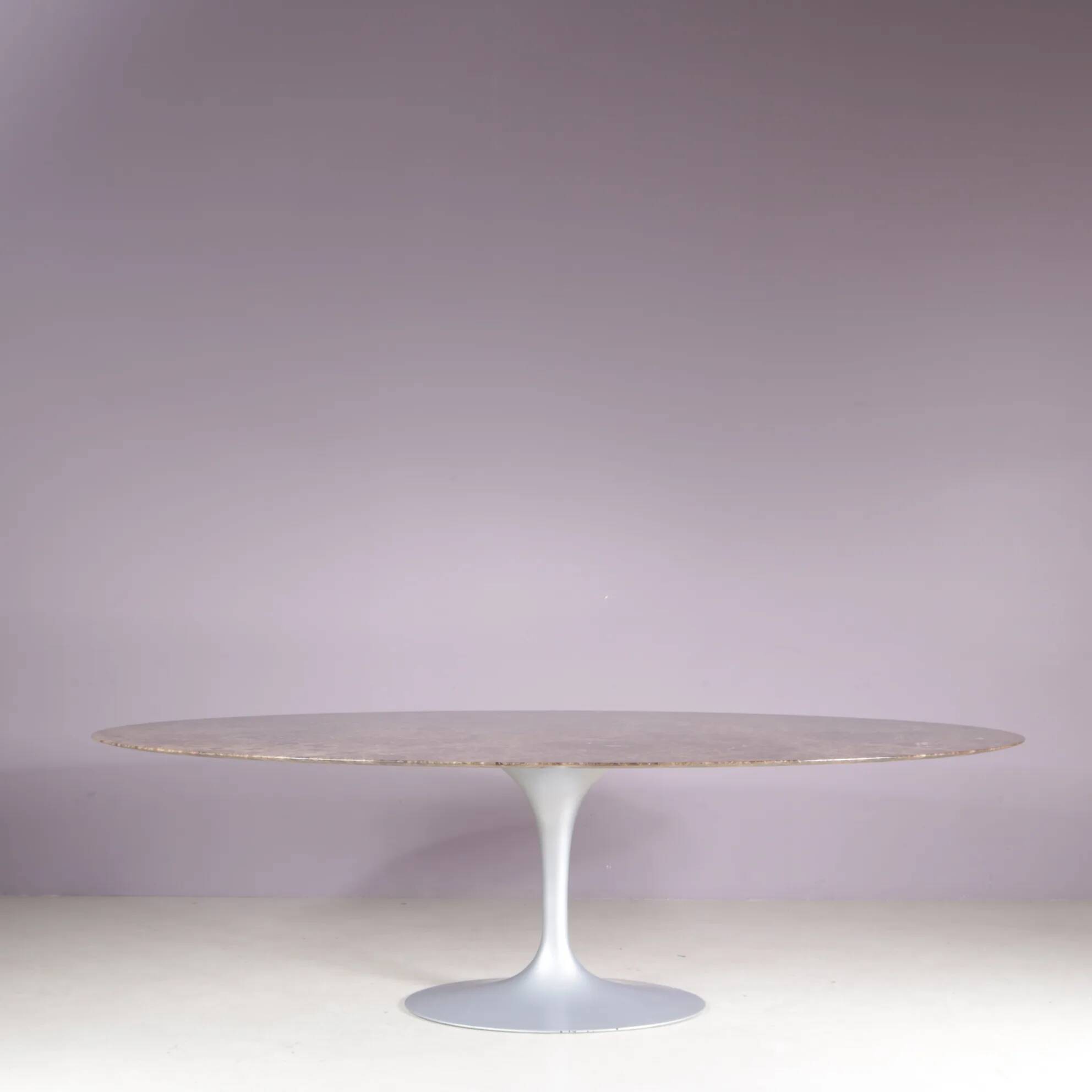 1970s XL oval Tulip table with brown marble top and matte silver oval base / Eero Saarinen / Knoll, USA