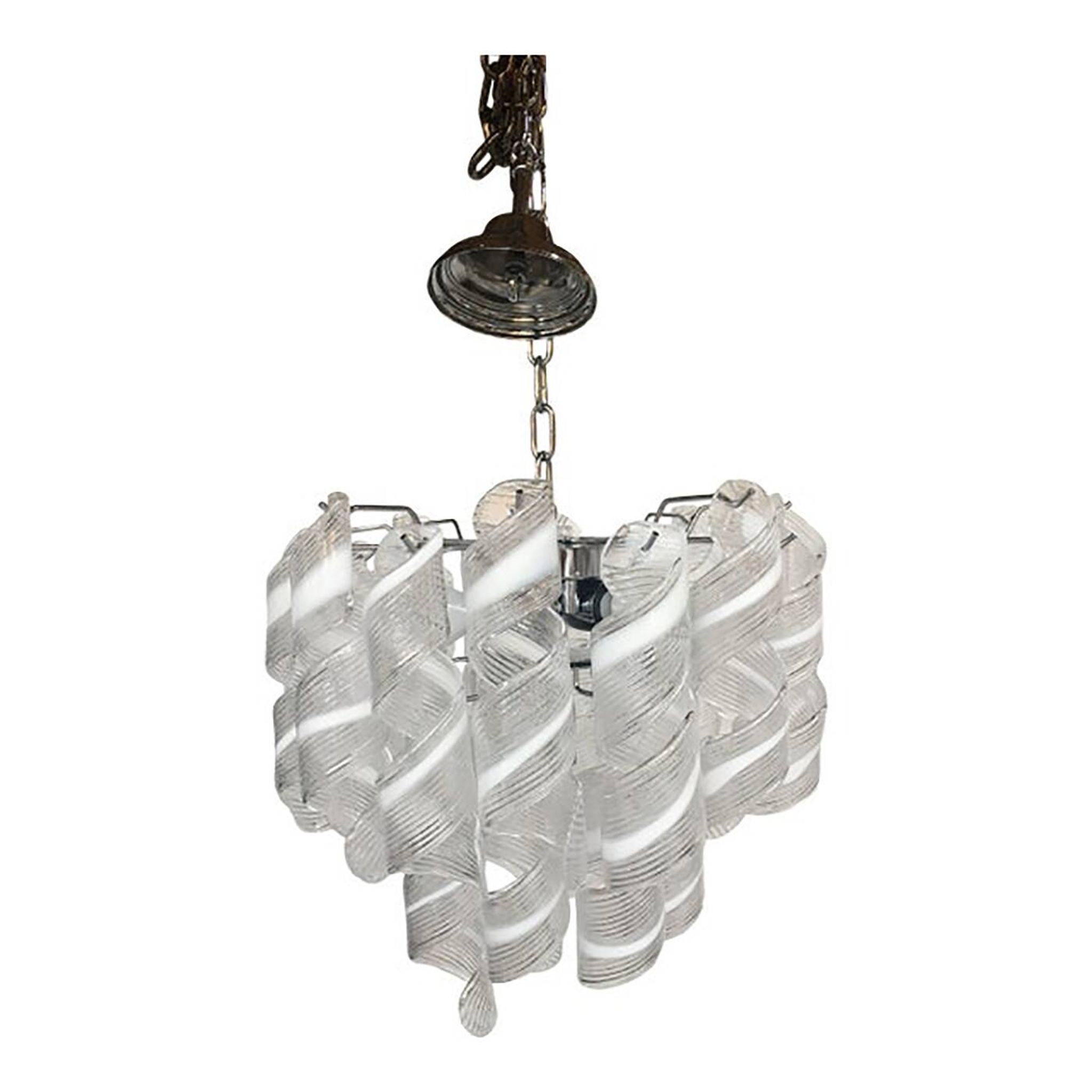 Murano Glass Sputnik Chandelier With Swirling Italian Glass Clear and White