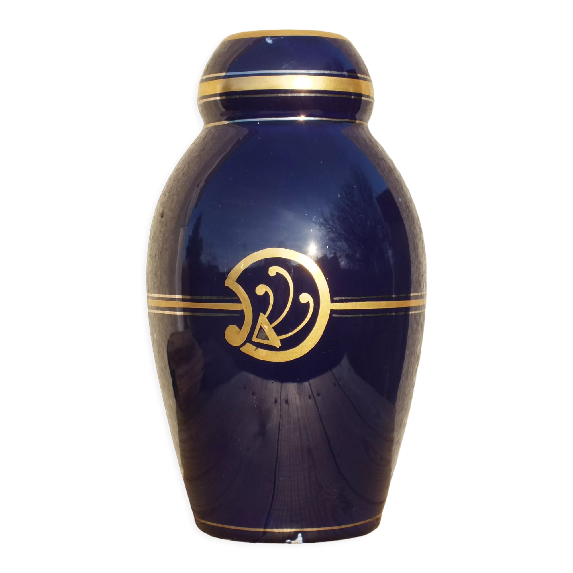 Vase 30s blue of Sèvres and gold Ste Radégonde or Tours Pinon (unsigned)