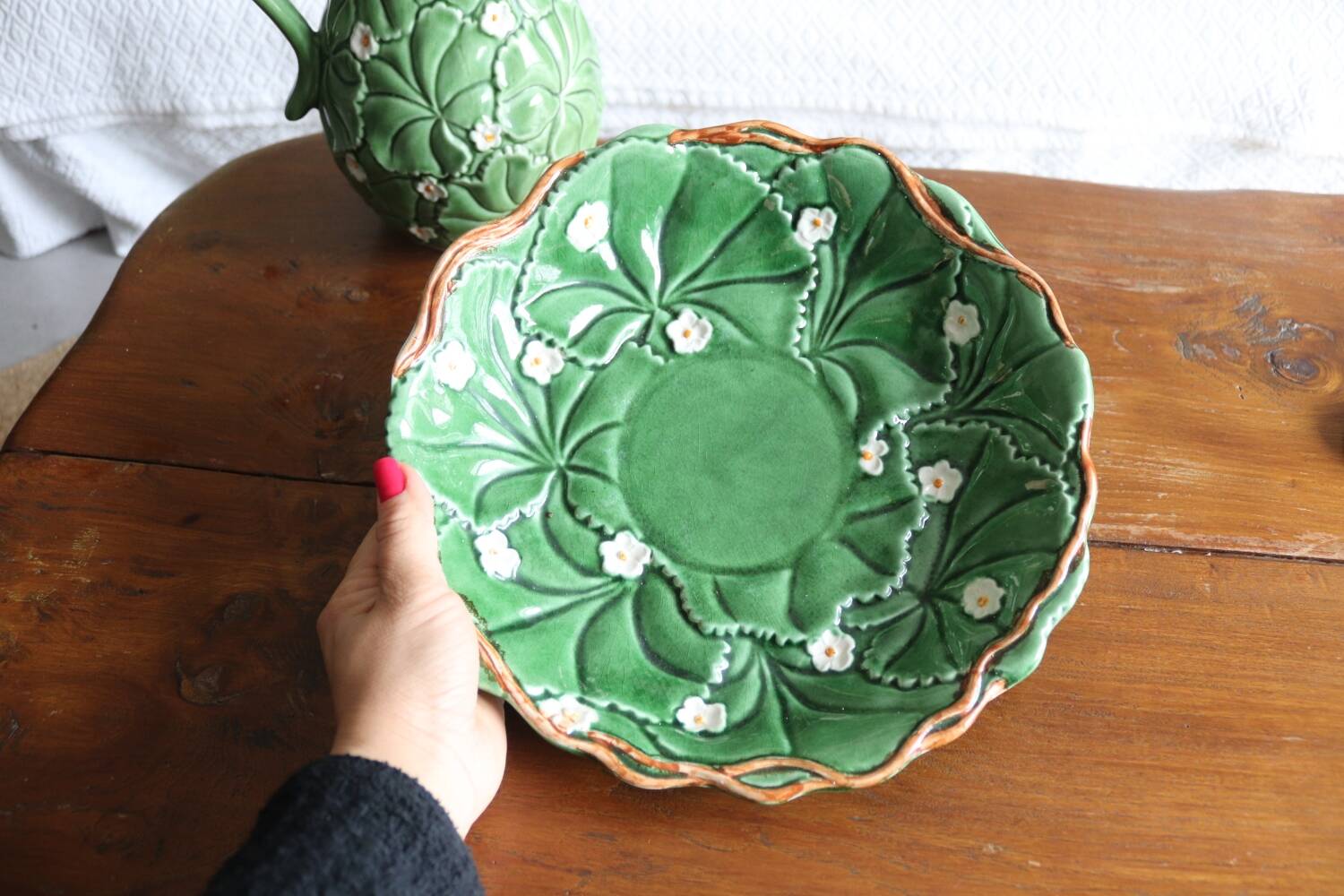 Pitcher and dish in strawberry leaf and flower slip
