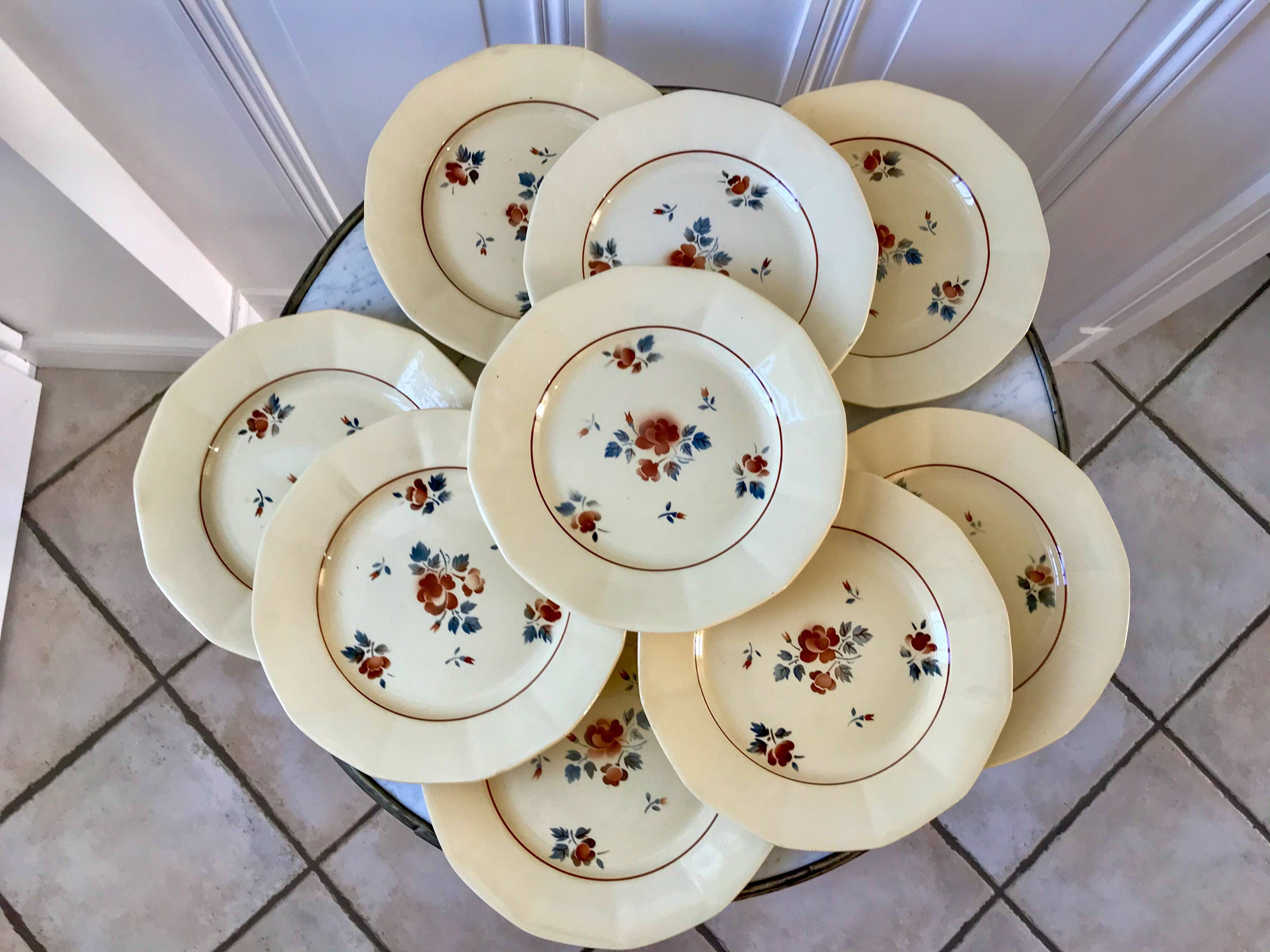 set of 9 Digoin Sarreguemines beige flat plates with pink flowers 1930s-40s