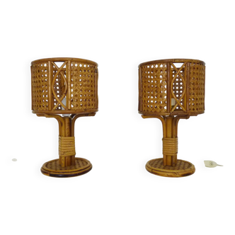 Pair of bamboo rattan cane lamps. Italy, 1950s and 1960s.