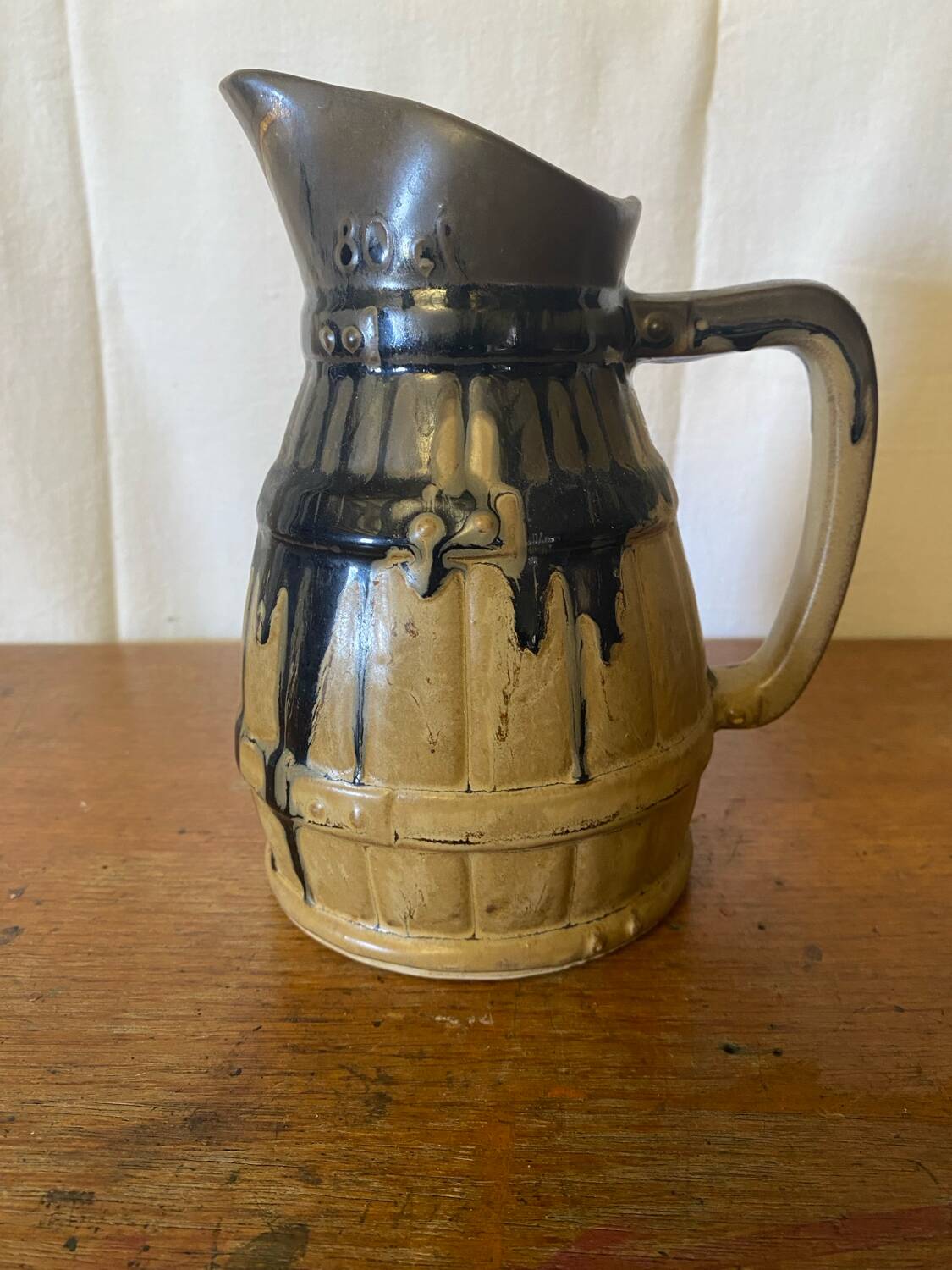 Antique Barrel-Shaped Pitcher, Beige & Blue Glazed Stoneware, 80cl, Service Vi
