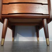 Norwegian bedside table with 3 drawers, teak and brass clogs