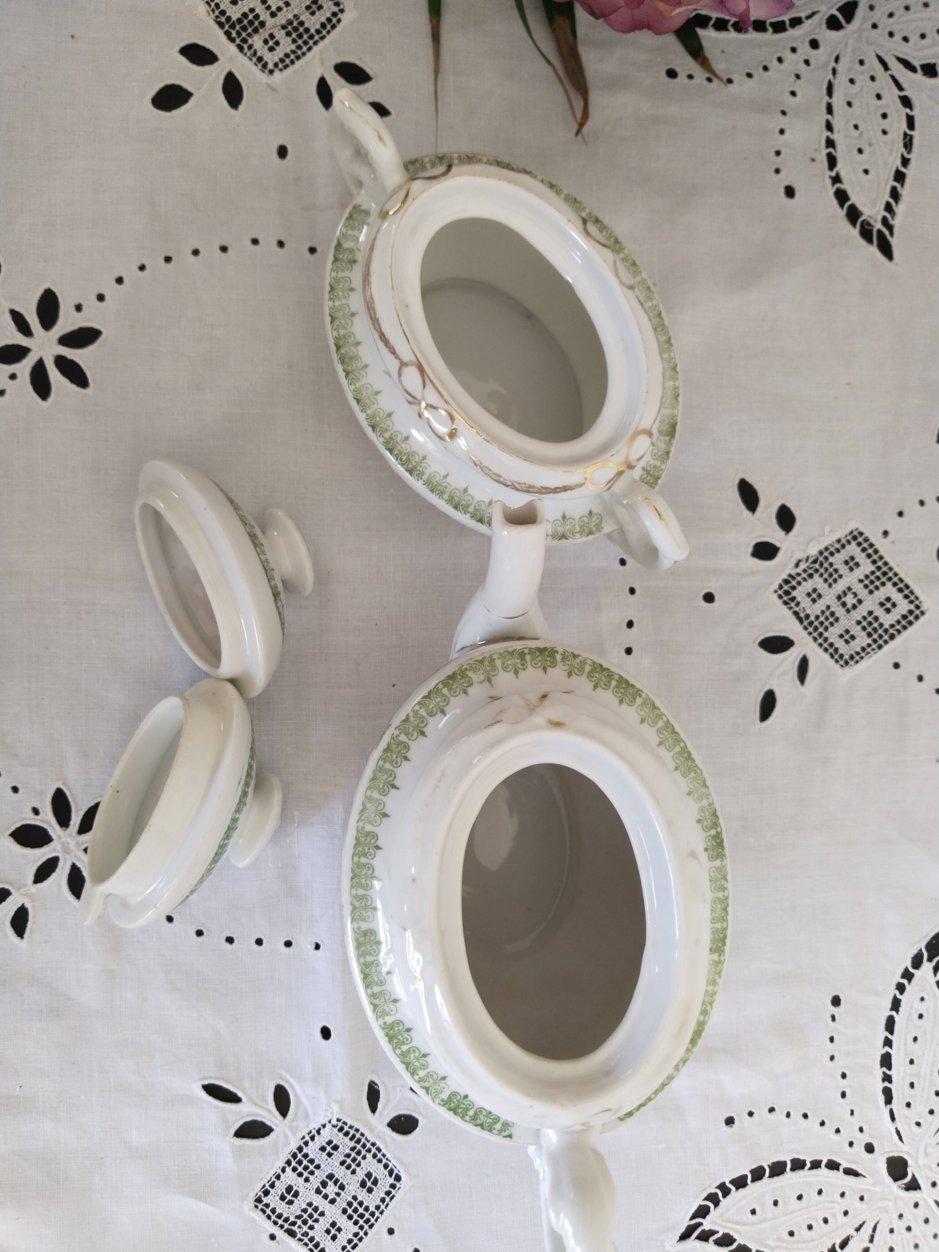 English porcelain tea service, green and gold, antique