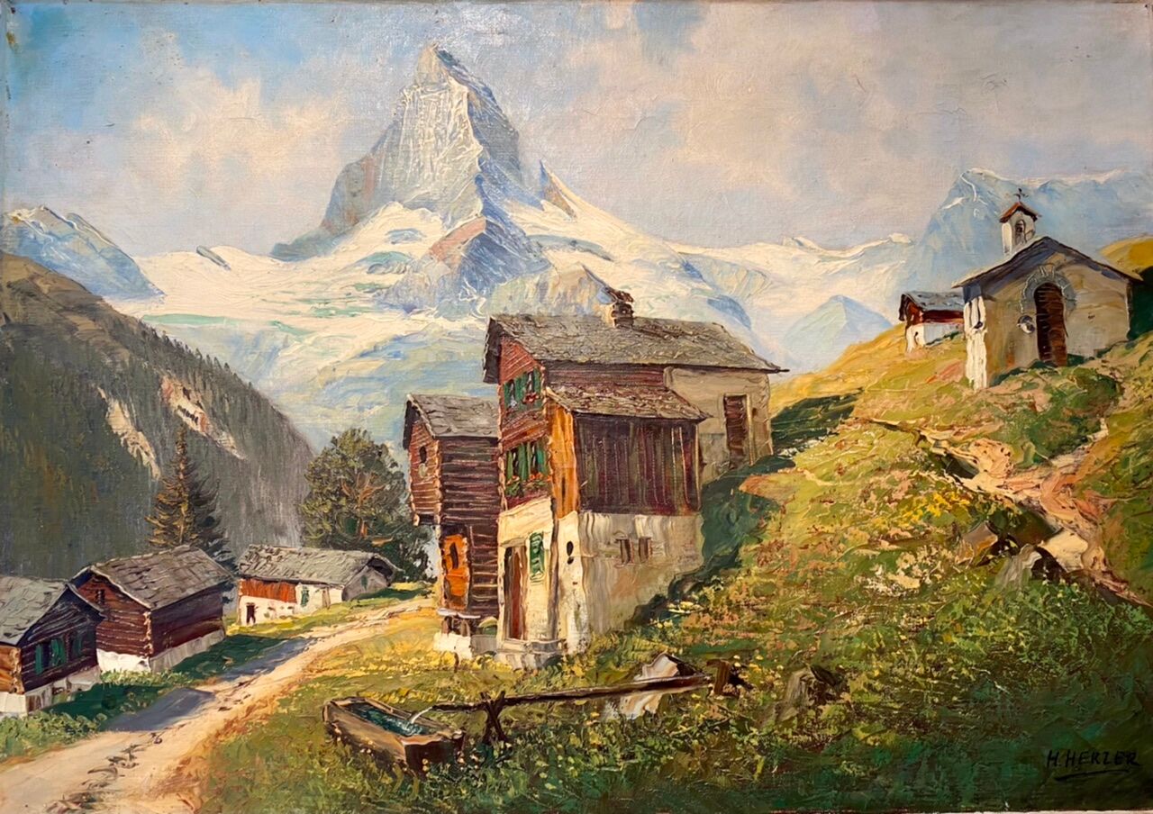 Old painting, Swiss mountain landscape signed H Herzer, mid-XX century