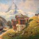 Old painting, Swiss mountain landscape signed H Herzer, mid-XX century
