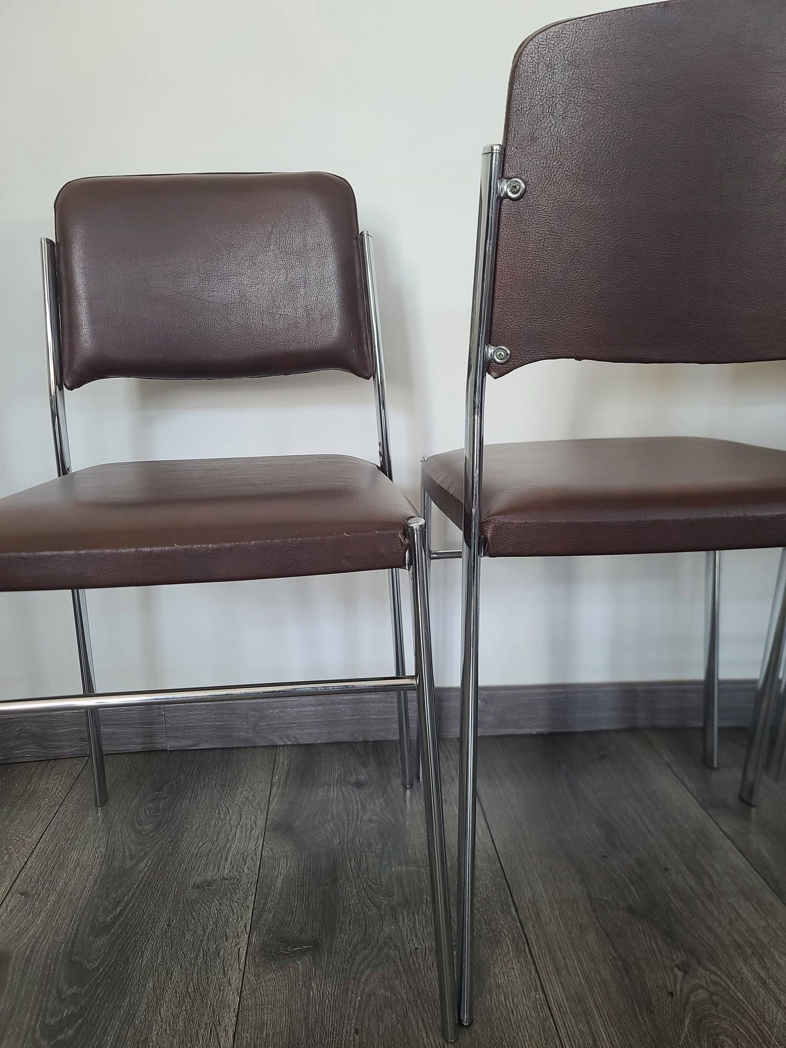 Set of 4 brown leatherette armchair chairs from the 1970s