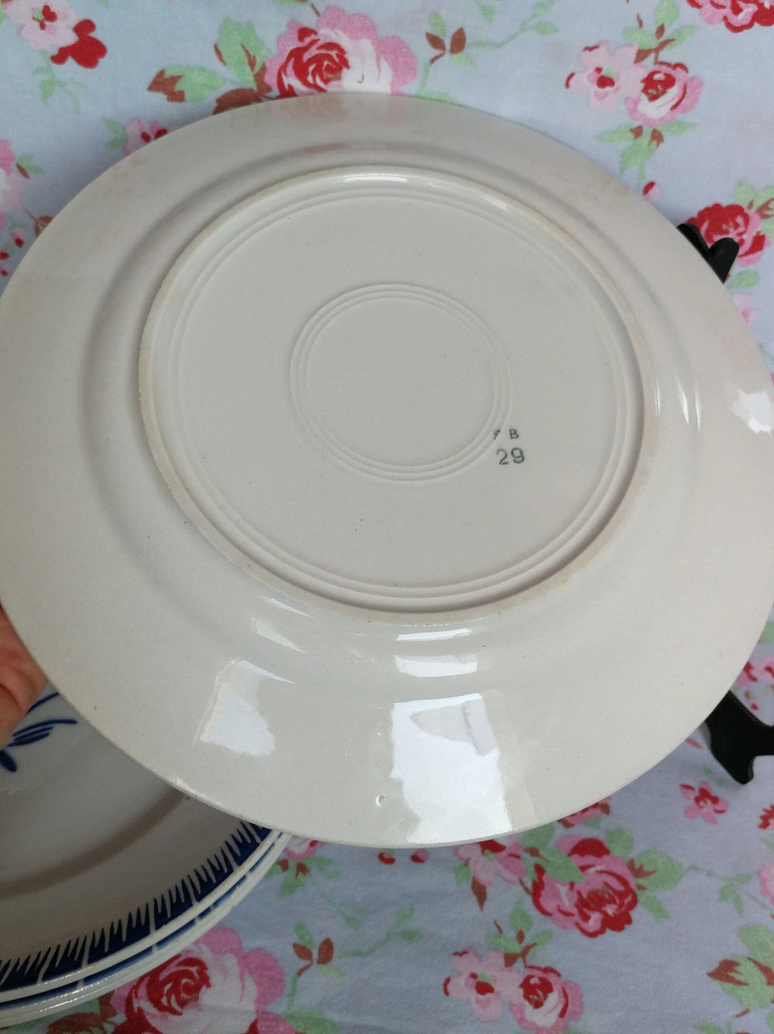 4 old flat plates Badonviller blue rose