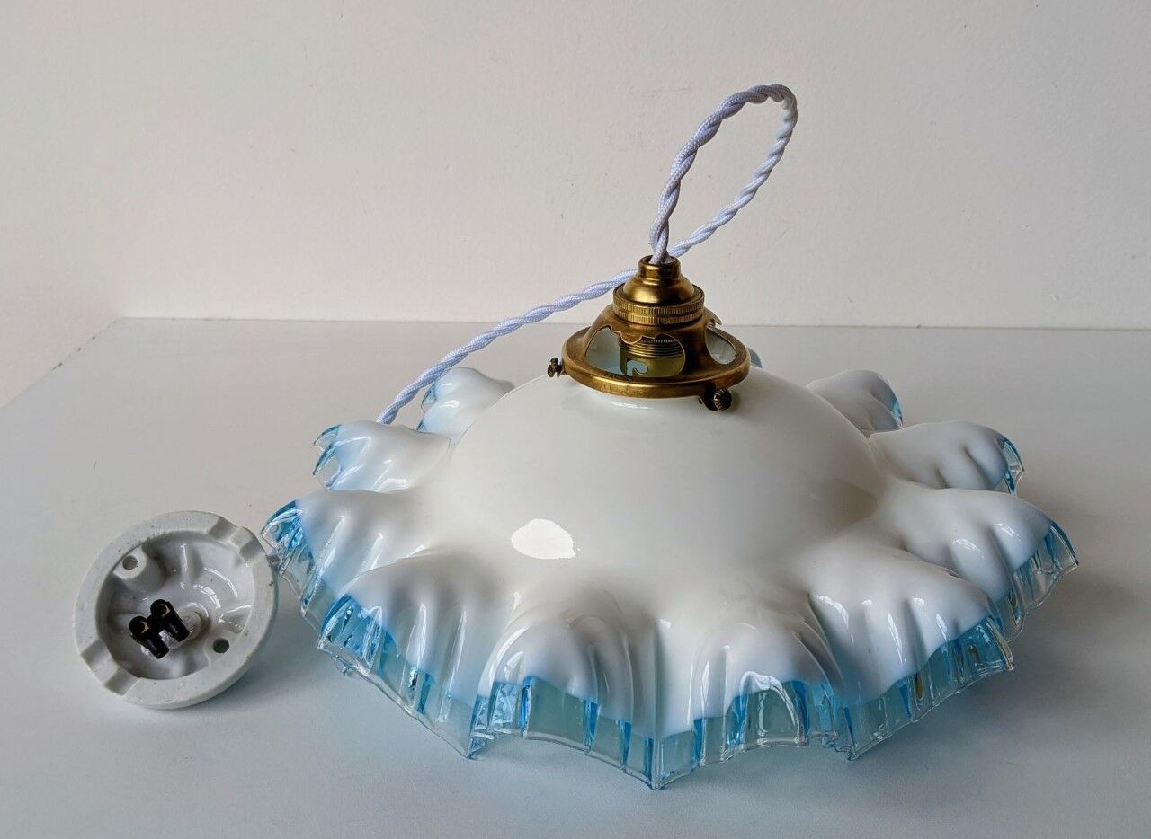 Old French suspension lamp in corrugated opaline glass gradient blue