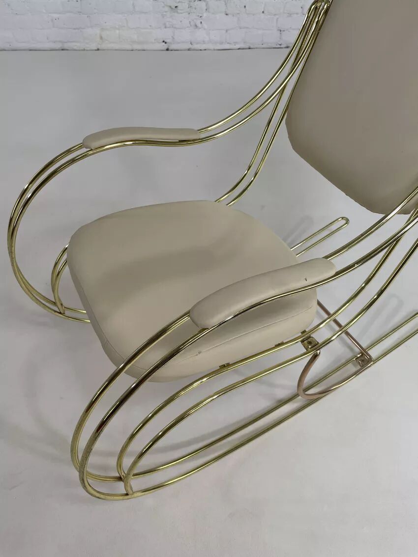 60s rocking chair in brass and ecru faux leather