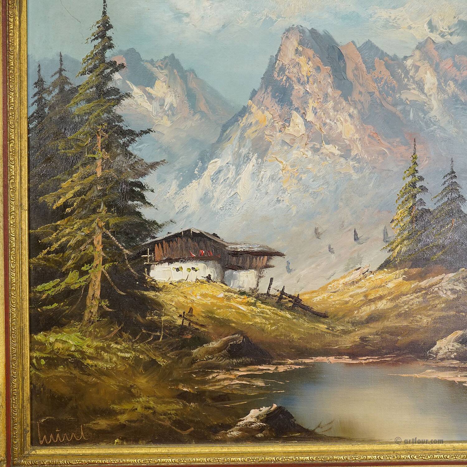 Alpine landscape oil painting with Tyrolean mountain hut
