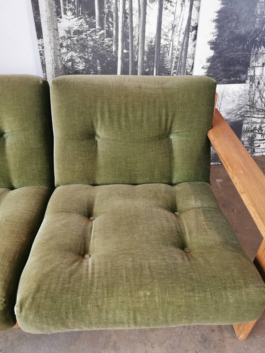 Scandinavian velvet and wood sofa