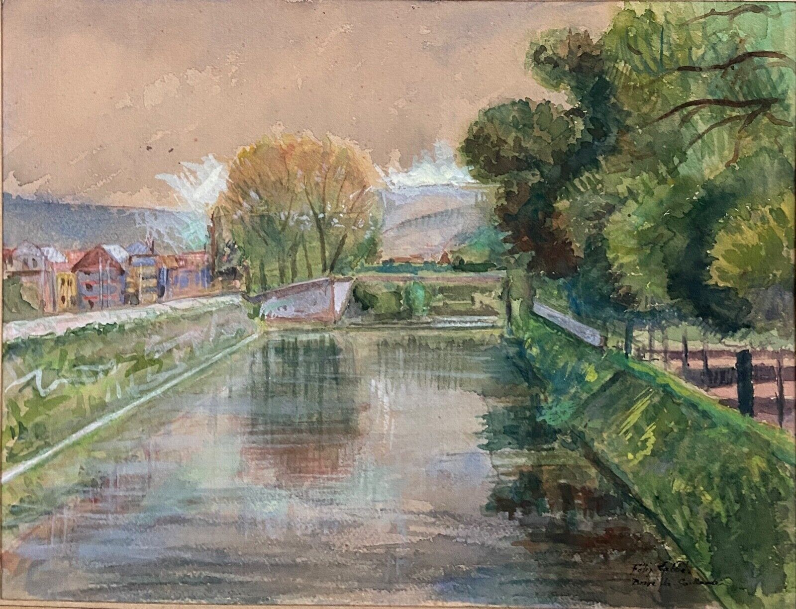 Watercolor on paper by Félix Labbé Brive-la-Gaillarde bord de canal XXe
