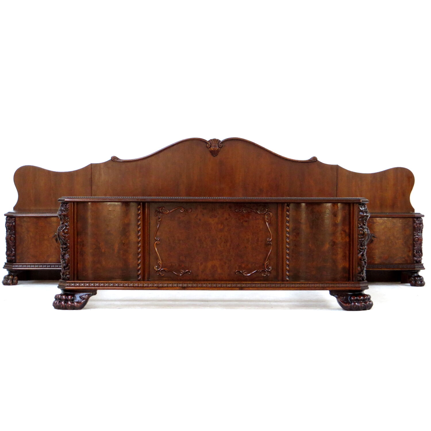 Hand carved Burr Walnut Bedroom Set with big Lion claw / paw feet, 19th century
