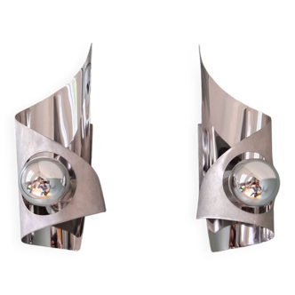 Pair of brushed aluminum wall lights, 1970s
