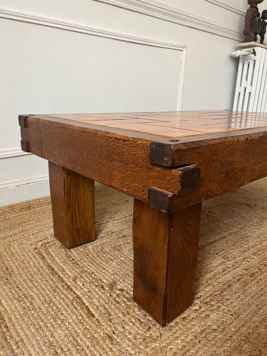 Oak and ceramic coffee table from the mid-20th century.
