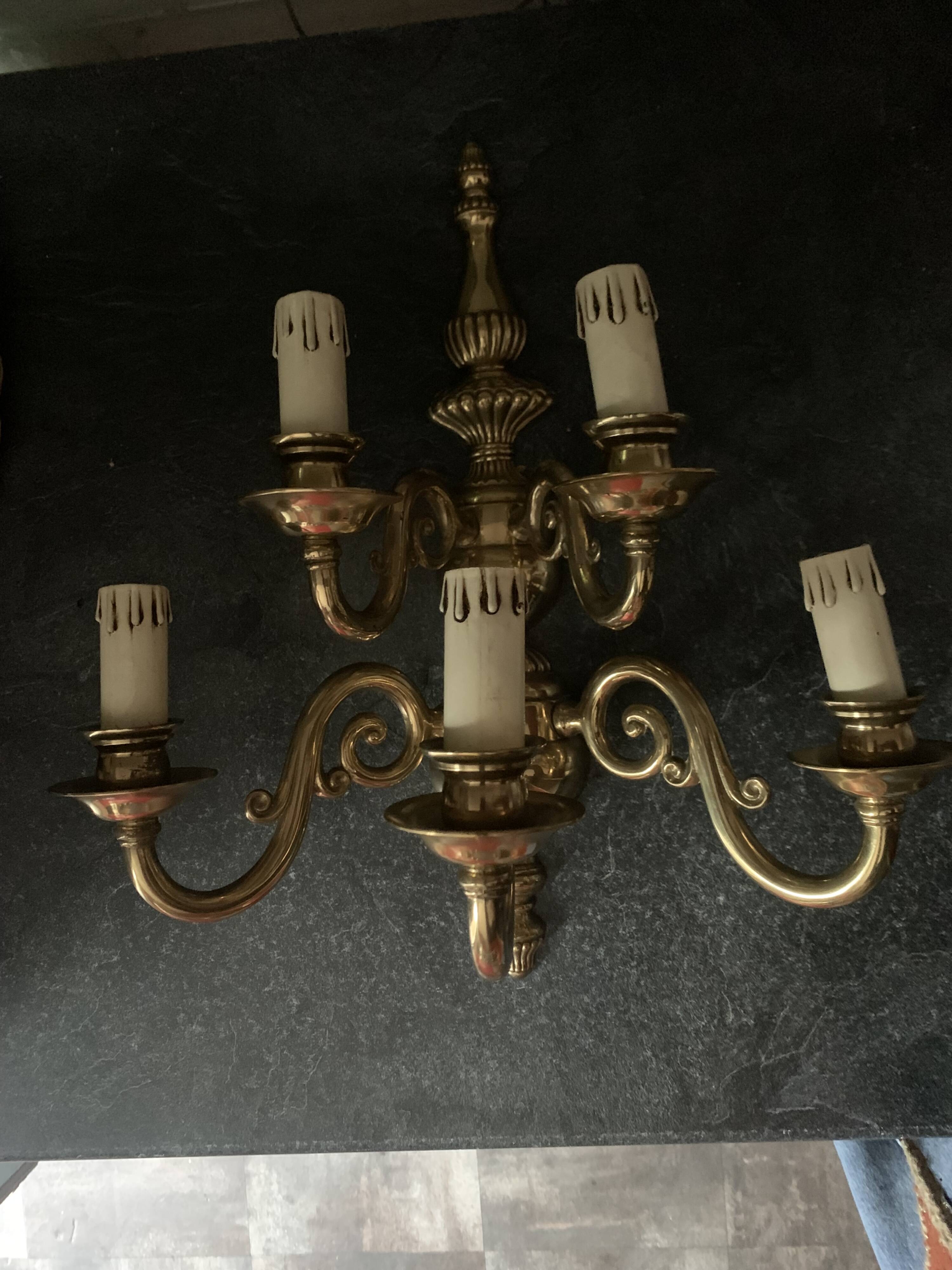 Large Pair of Dutch Style 5-Branch Wall Lights in Brass, Gilded Bronze, 19th Century