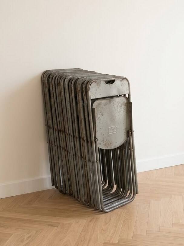 Set of 10 vintage industrial metal folding chairs.