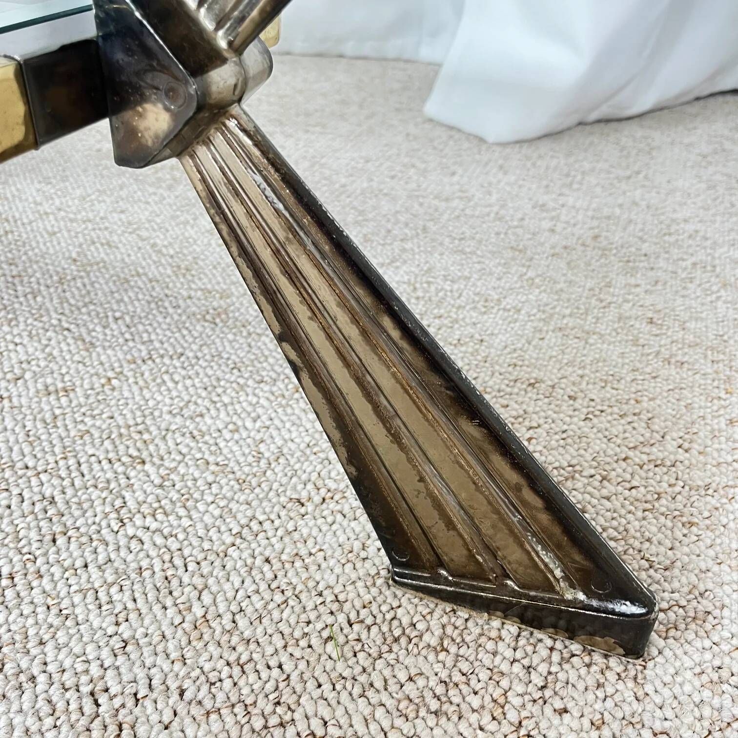 Vintage Italian coffee table in glass, chrome and brass metal, Hollywood Regency style, 1970s.
