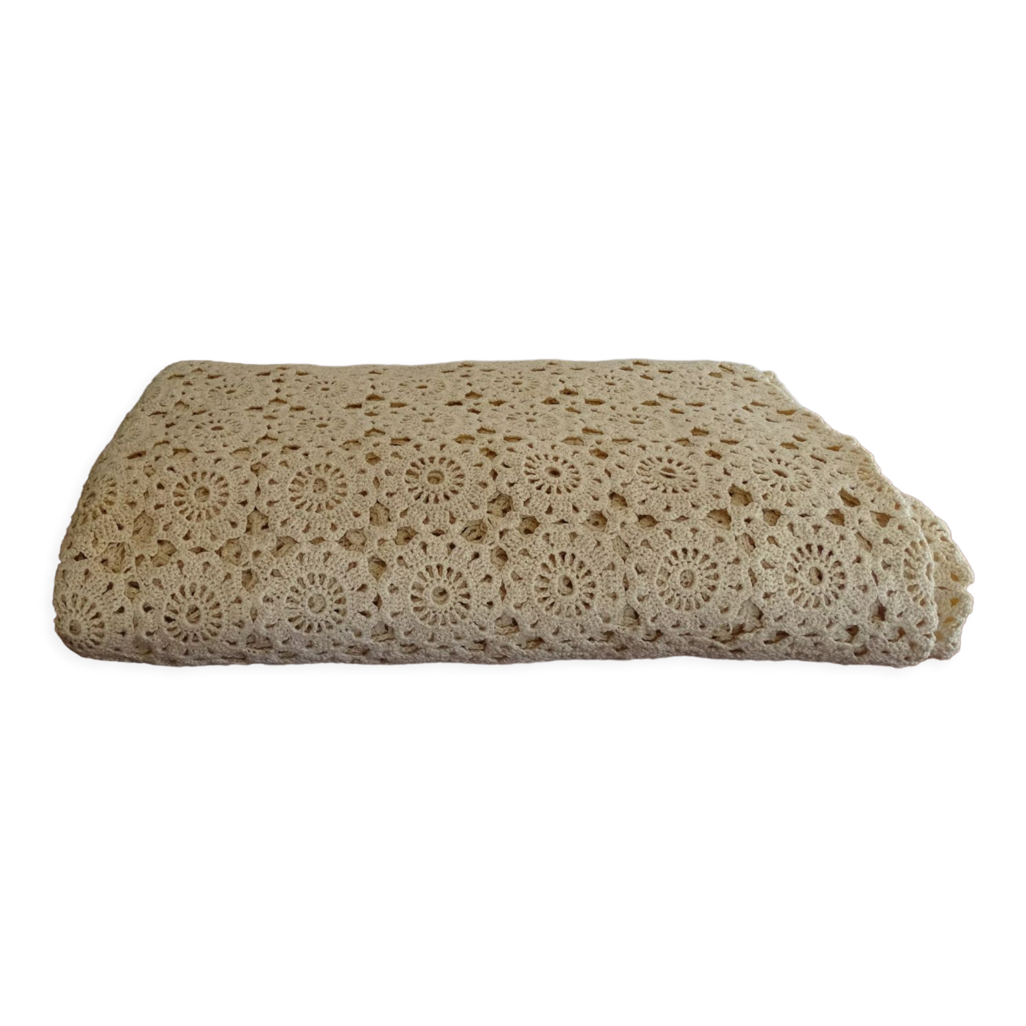 Ancien couvre lit au crochet beige fleurs 205 x 170 cm