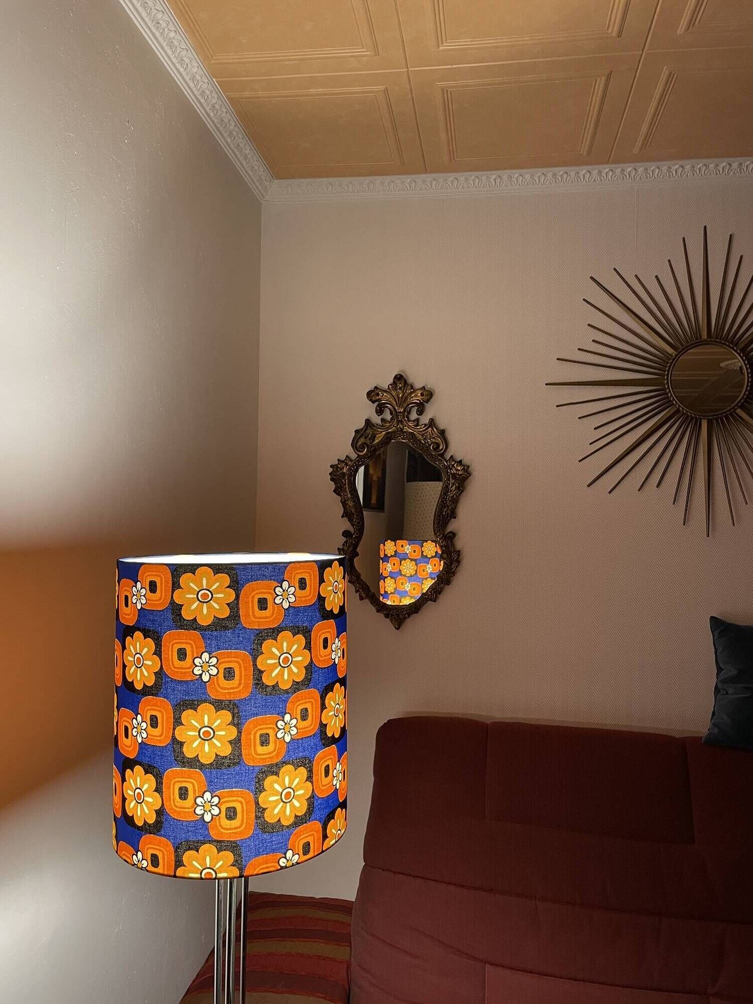 Lampshade blue daisy h40 d30 vintage 70's