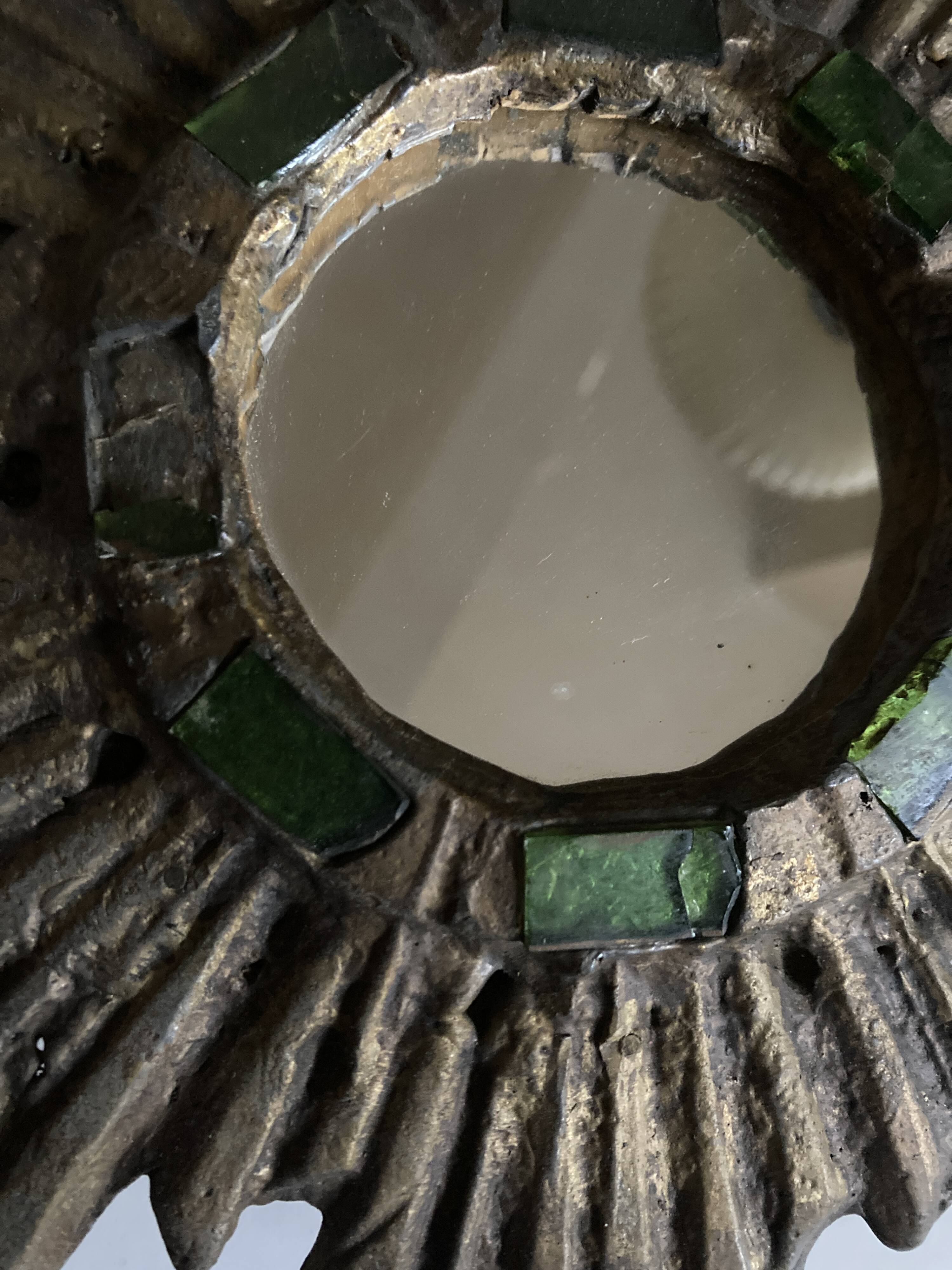 Sun mirror by Irena Jaworska in gilded lead and green glass 1960