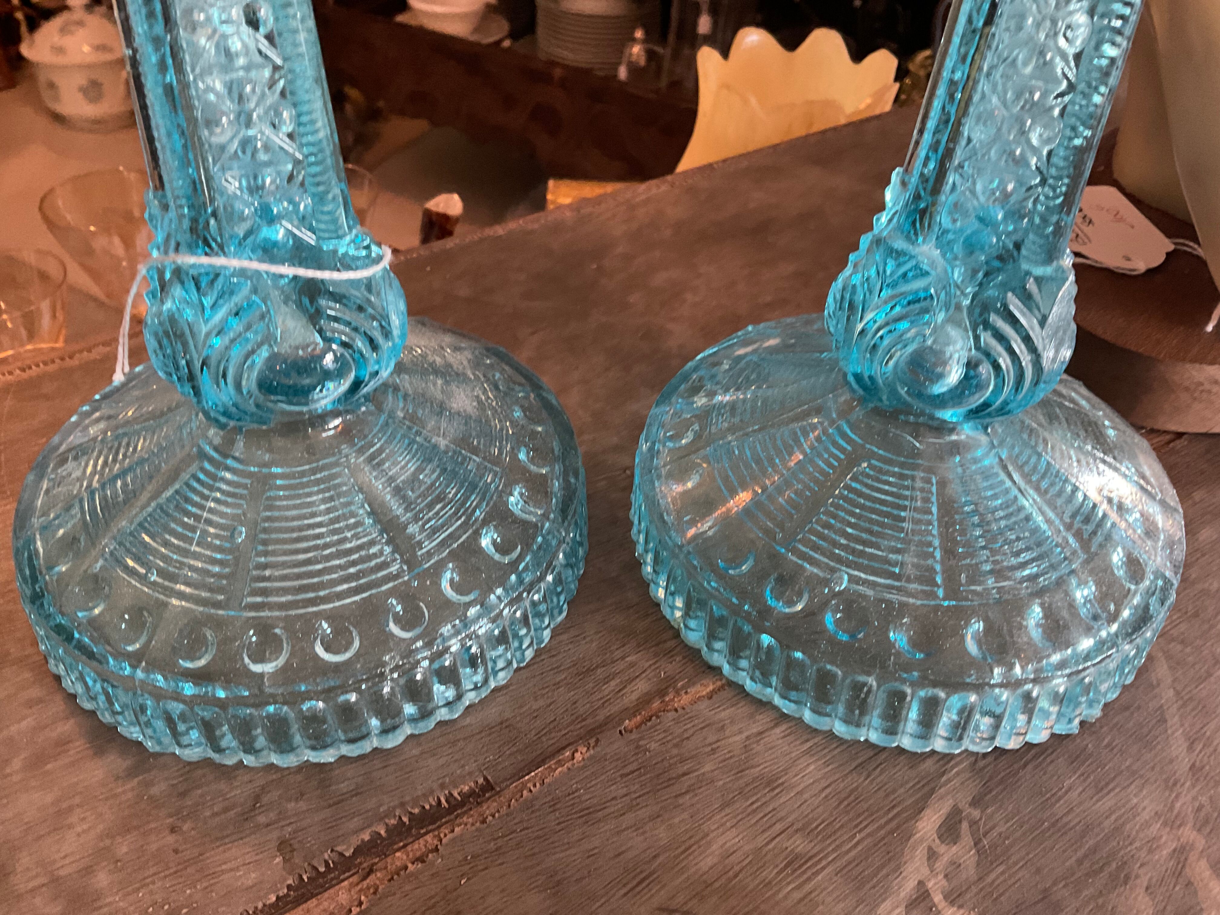 Pair blue glass candle holders.type Art Deco