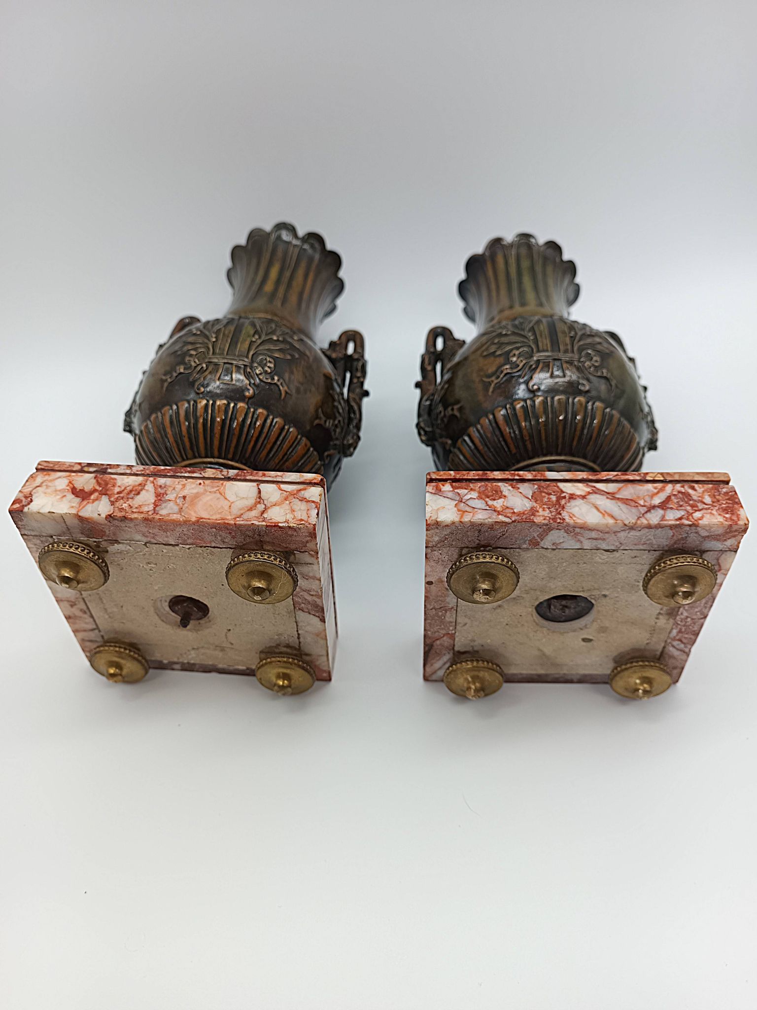 Pair of Antique Cassolettes Vases Louis XVI Style Regule & Red Marble 19