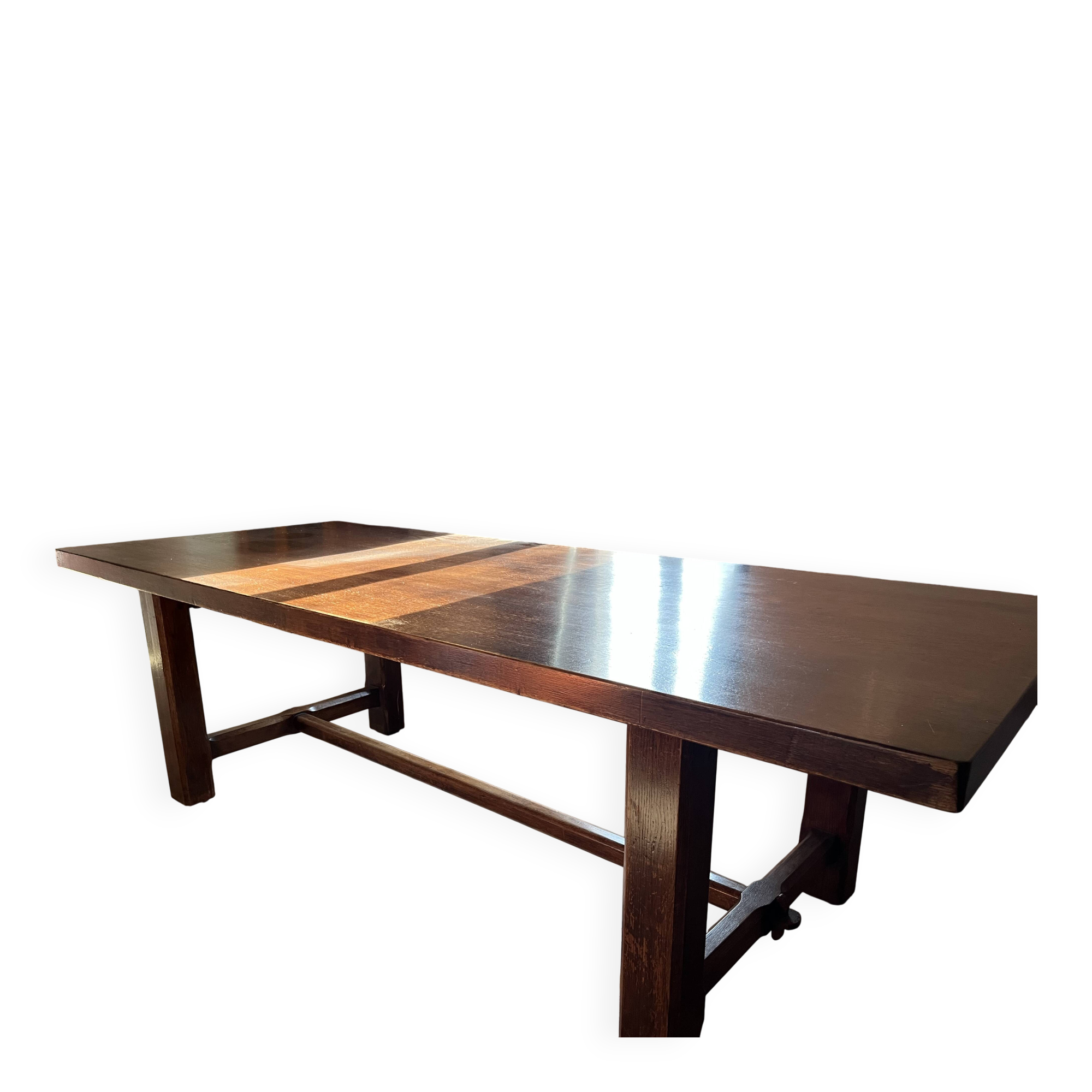 Solid vintage oak dining table in refectory style. Seats 8–10 people.