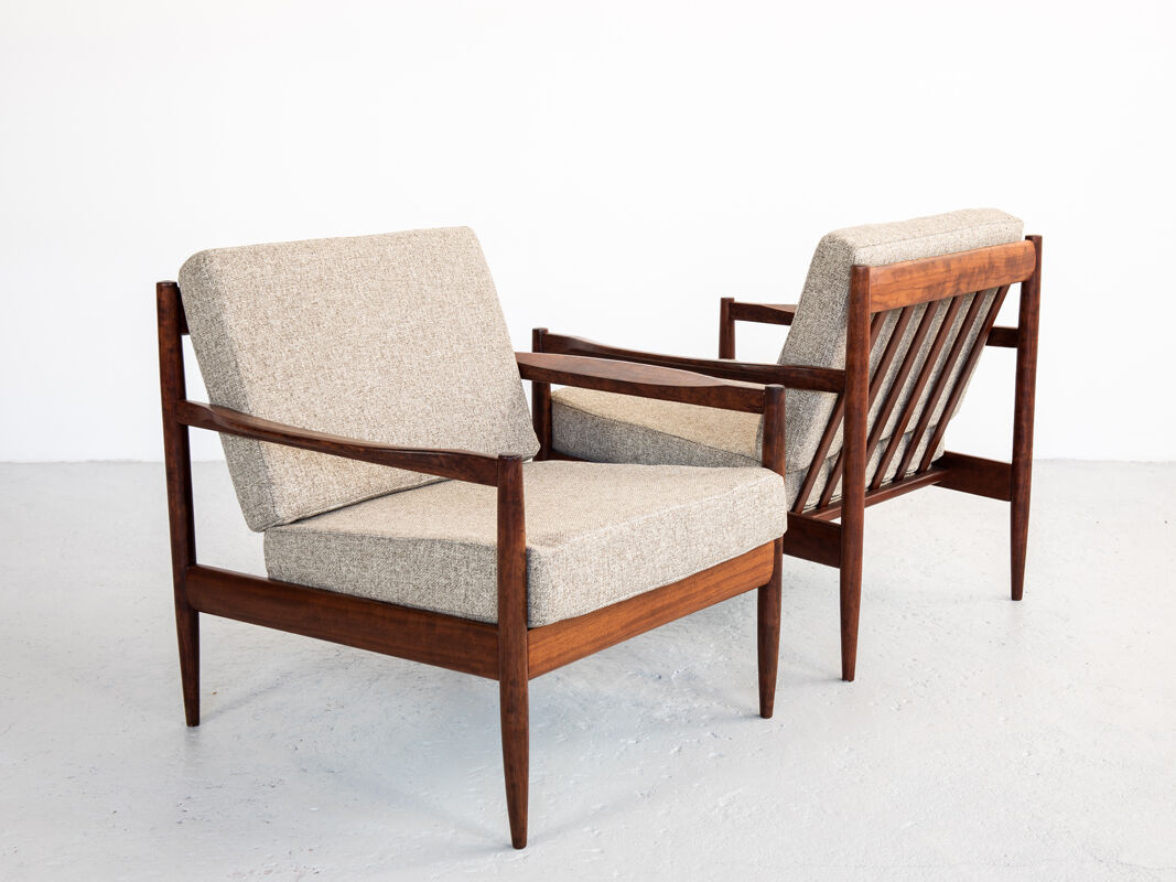 Sofa and armchairs set in walnut and fabric, 1960s
