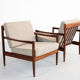 Sofa and armchairs set in walnut and fabric, 1960s