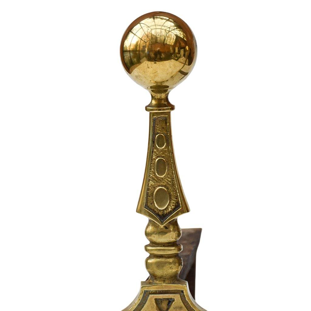 Gilded bronze andirons with rounded ball and patterns, antique fireplace accessory