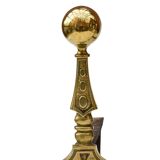 Gilded bronze andirons with rounded ball and patterns, antique fireplace accessory