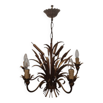 Vintage Gilded Corn And Cattail Chandelier 5 lights,  1960s