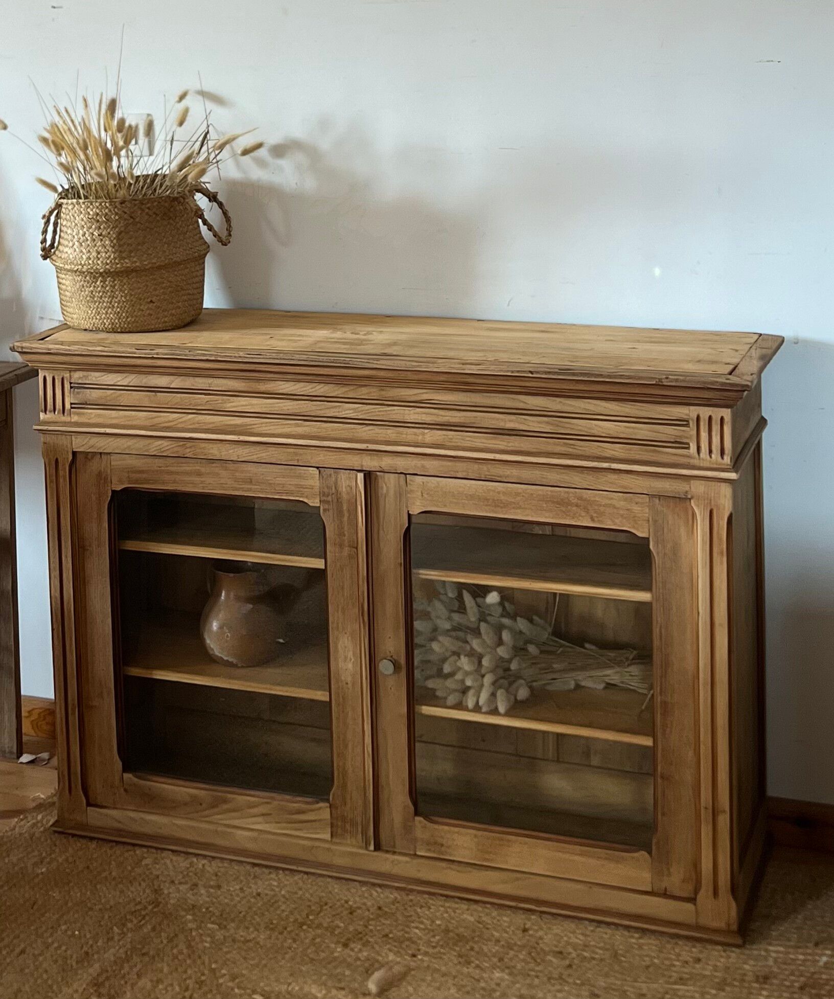 Old glass-fronted Parisian buffet in raw solid wood