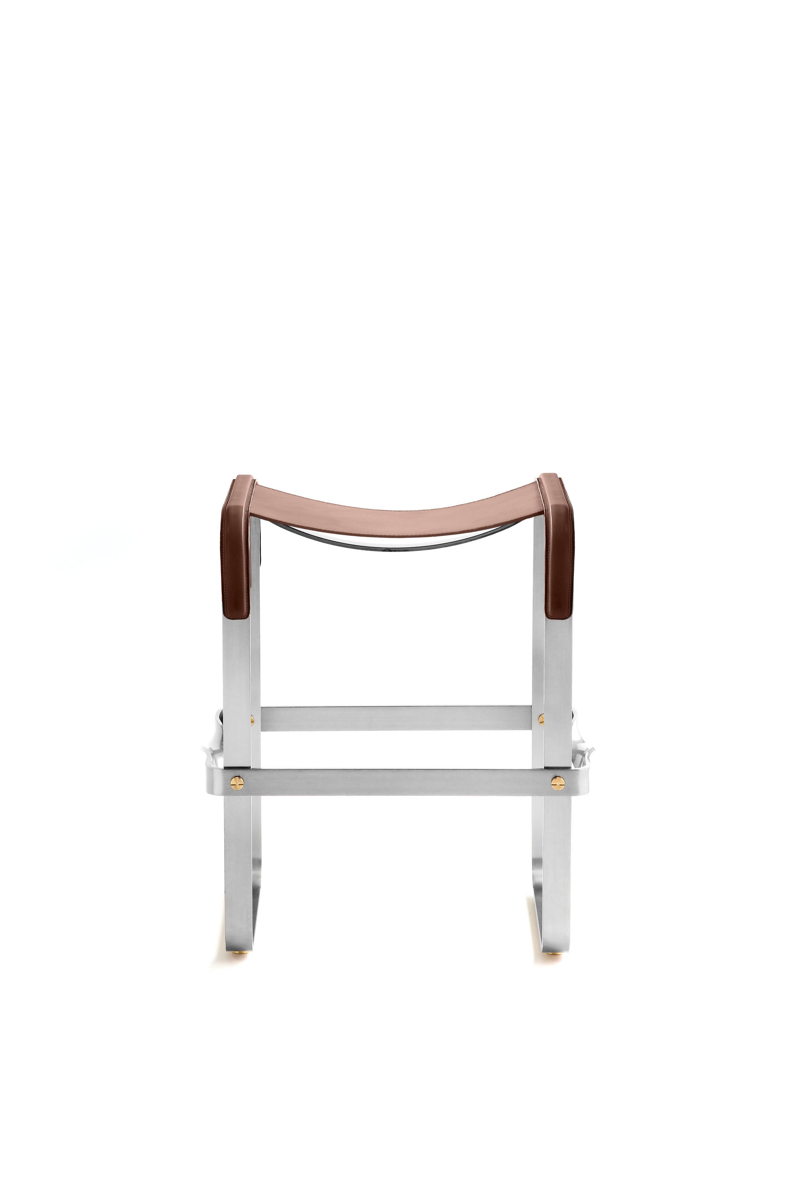 Contemporary Classic Bar Stool in Aged Silver Metal and Dark Brown Leather