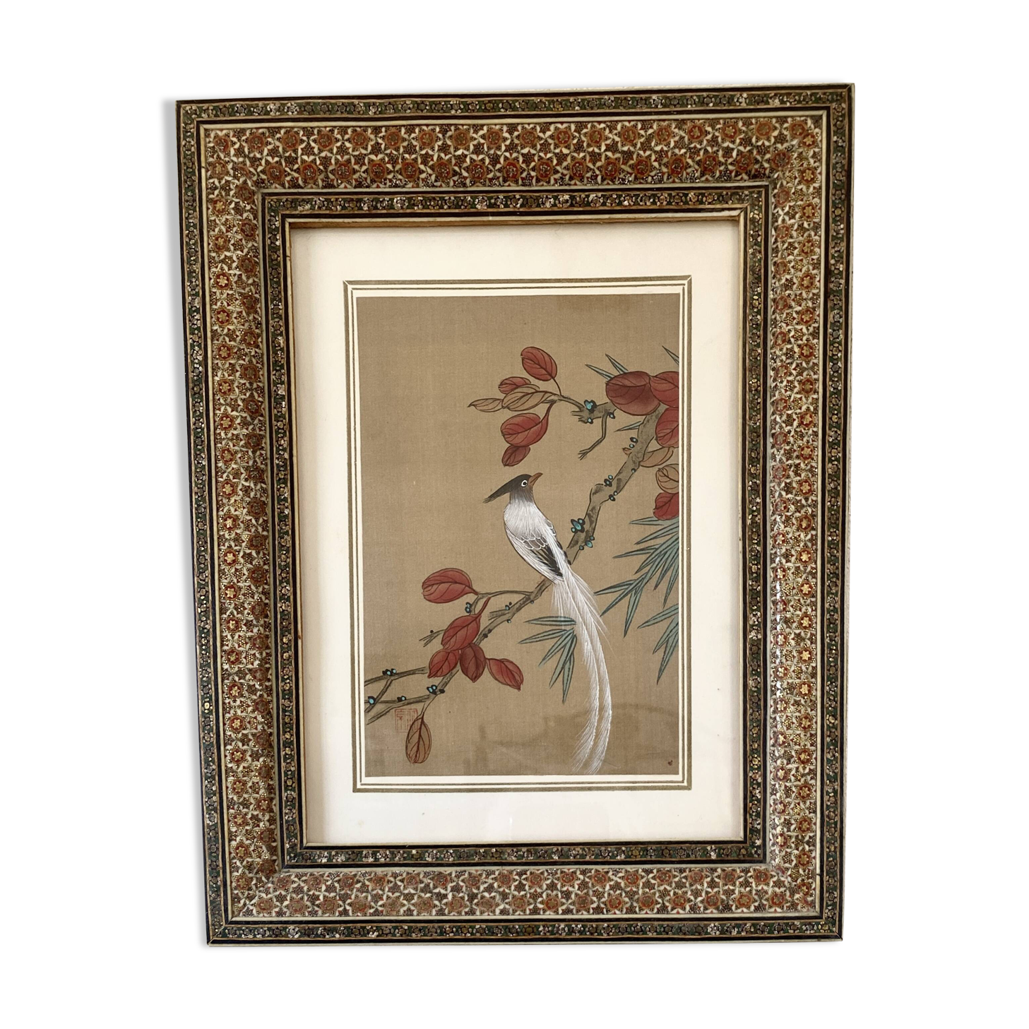 Ornithological painting, marquetry frame