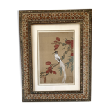 Ornithological painting, marquetry frame