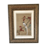Ornithological painting, marquetry frame