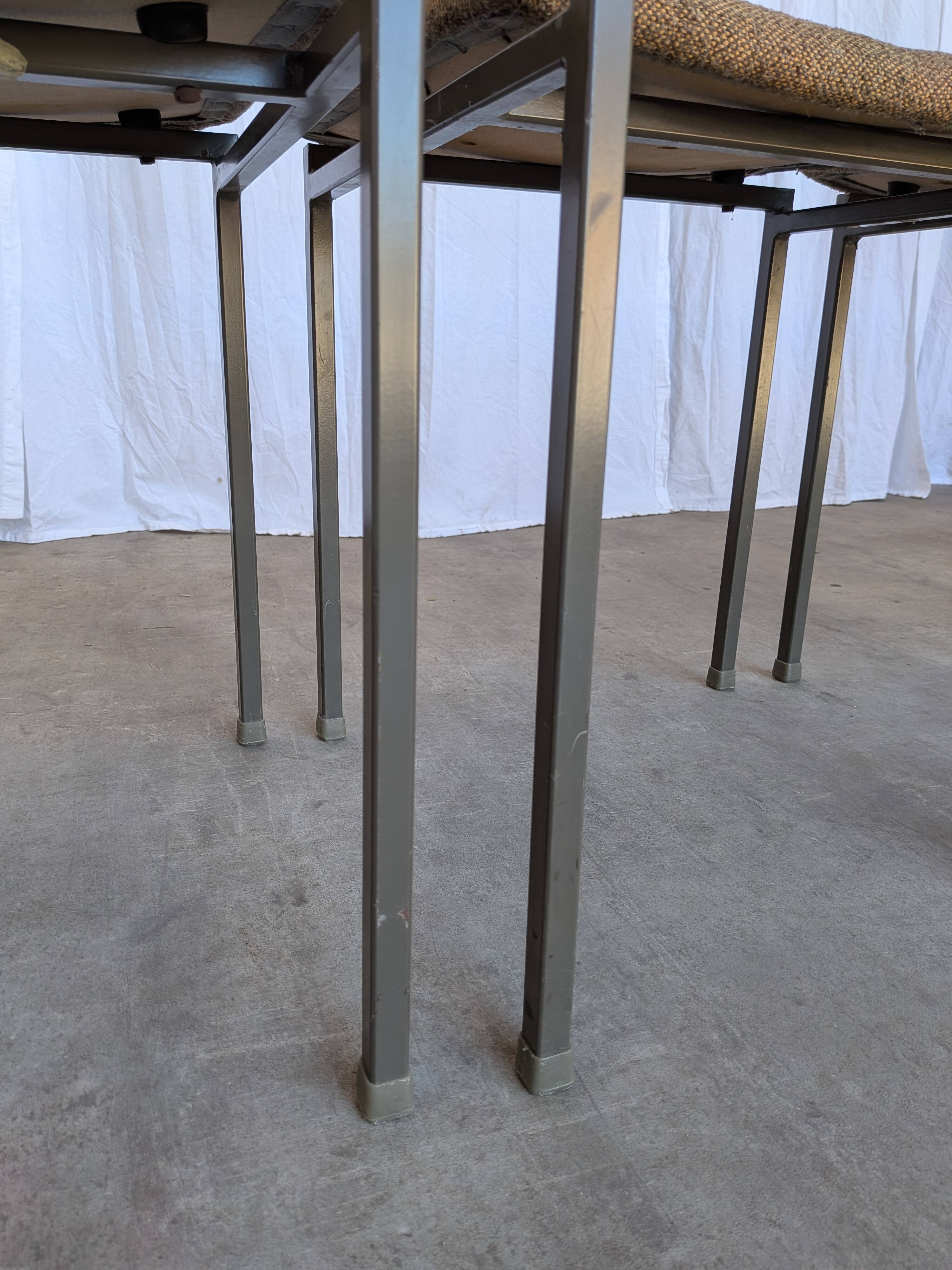 Set of 6 Vintage Industrial School Chairs: Brown Fabric, Black Metal Base